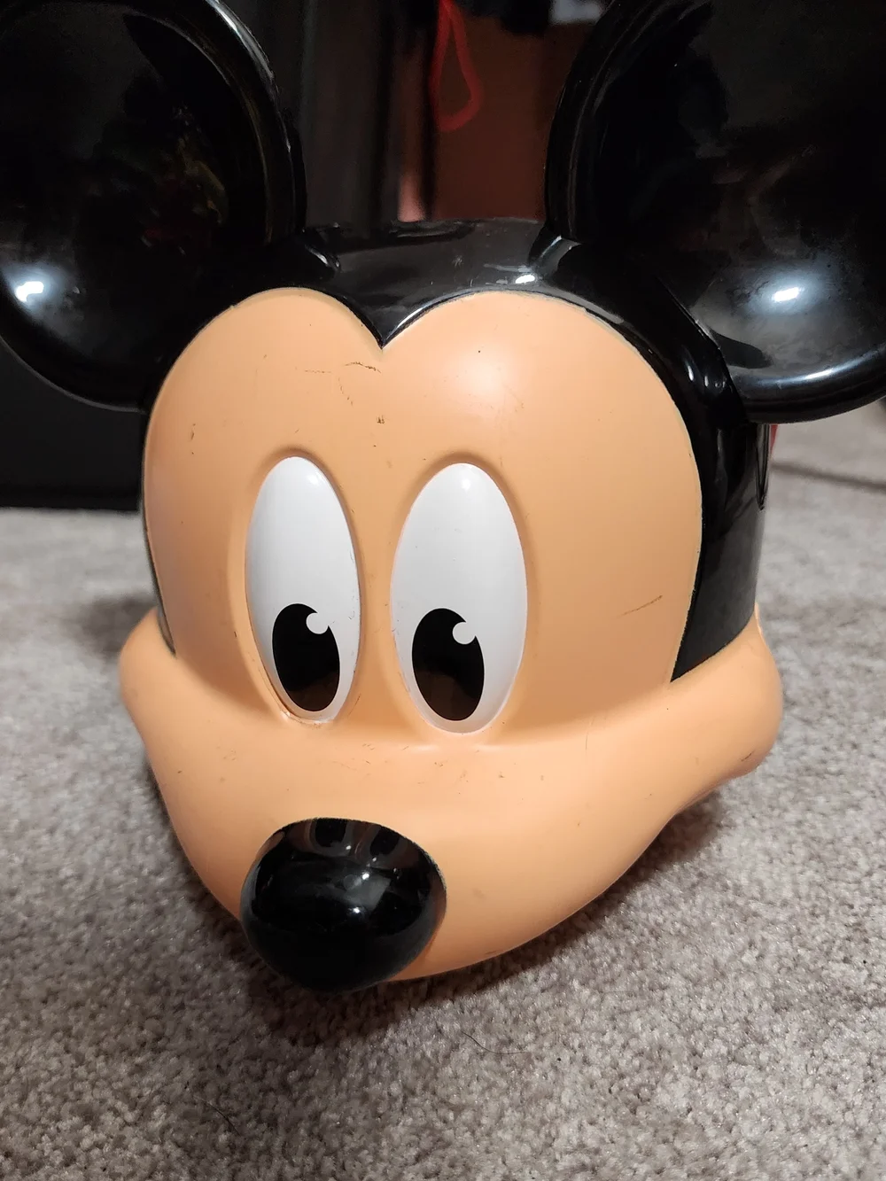 VTG Disney Mickey Mouse Head Plastic Bucket Container w/ Red Handle Black & Tan